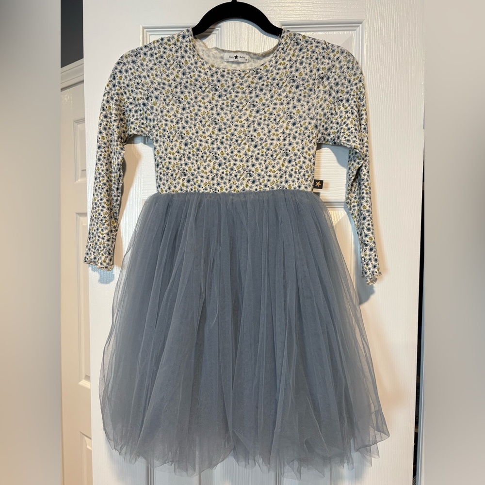 Charming Kids Dress with Floral Top and Gray Tulle Skirt